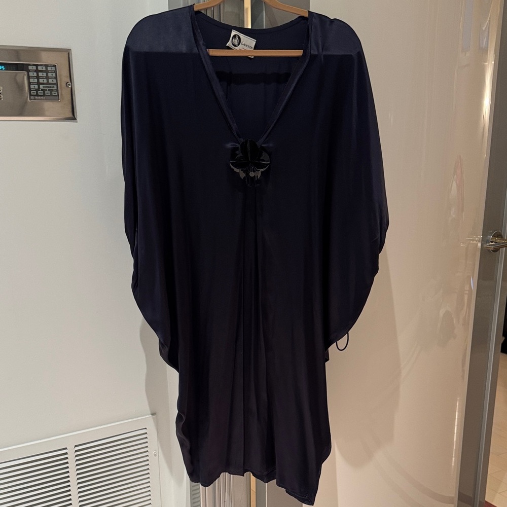 Lanvin Navy Blue Silk Dress with Black Sequin Accent Brooch
